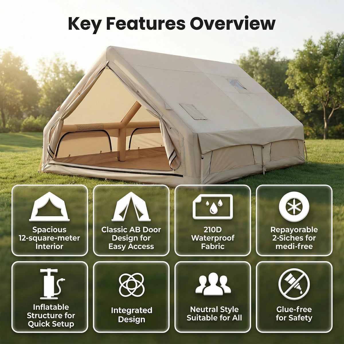 Podofo 12㎡ Instant Inflatable Camping Tent Air Tent Large Outdoor Shelter 210D Oxford Weatherproof Fabric with Skylight Dual AB Doors Family Camping Tent for Family Camping, Beach & Mountain, Outdoor Adventure