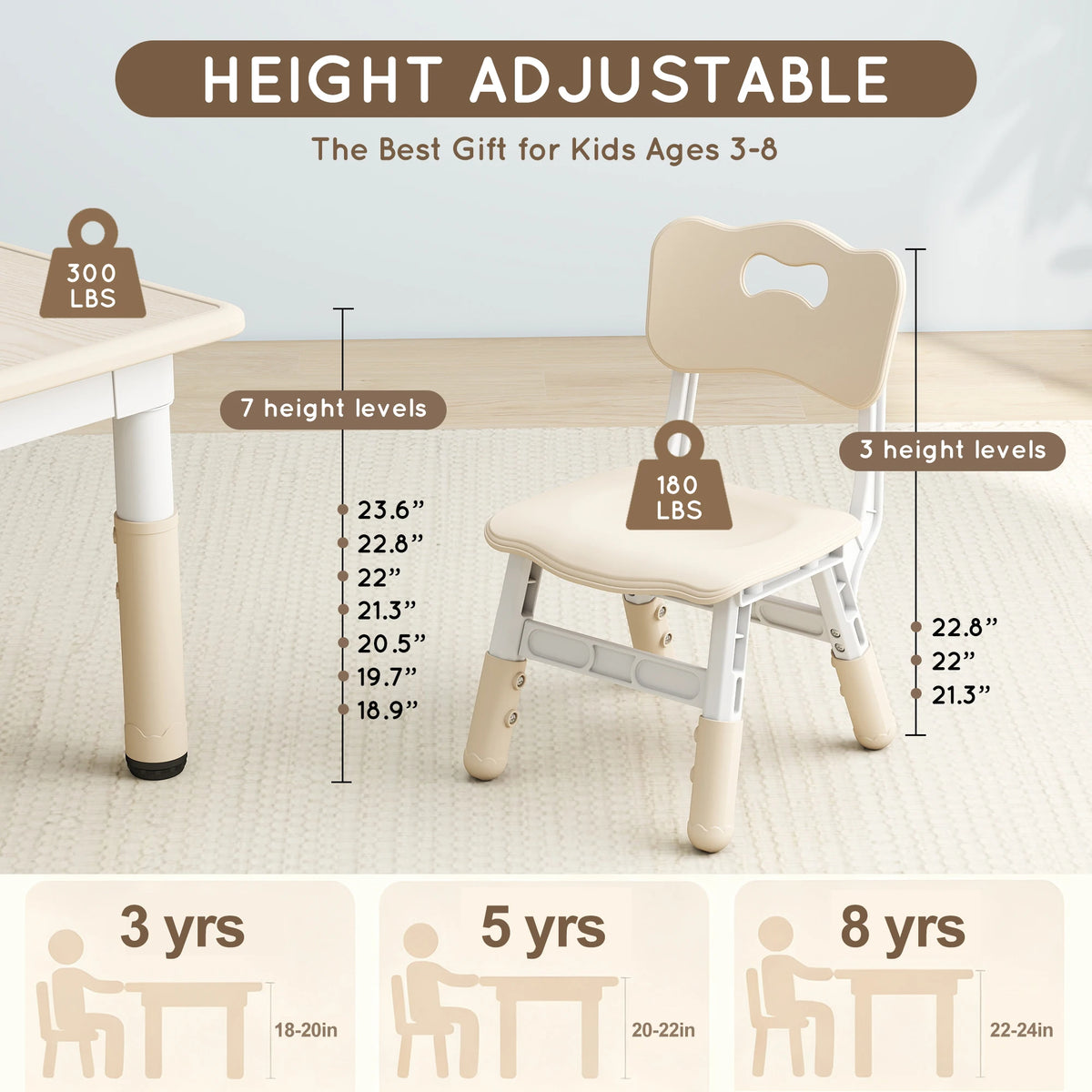 Kids Table and 2 Chairs Set, Height-Adjustable Toddler Table and Chairs Set with Doodle-Friendly Desktop, 23.6''L X 23.6''W Children Activity Table for Daycare, Classroom, Home