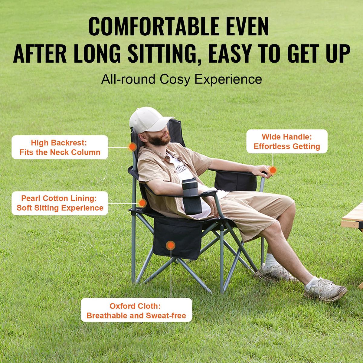 Camping Folding Chair for Adults Portable Quad Lumbar Back Padded Arm Chairs with Side Pockets for Beach, Lawn, Picnic