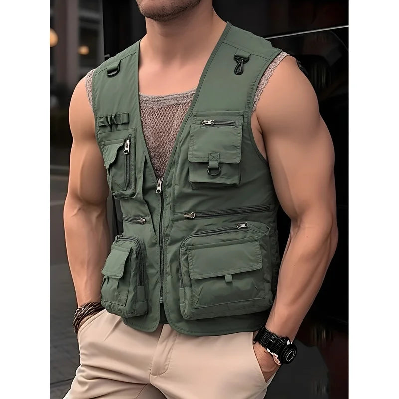 Summer Men's Sleeveless Vest Tactical Jacket Summer Photographer Vest Tool Multi Pocket Mesh Sleeveless Jacket Men's Work Vest