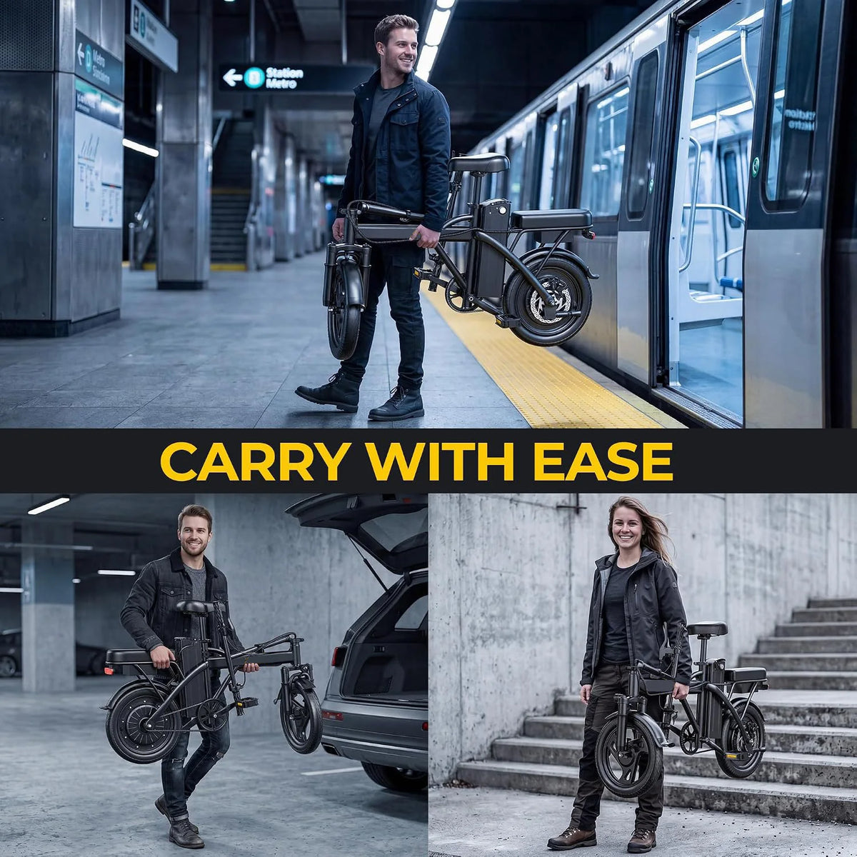 14'' Foldable Electric Bike 500W Motor 48V Battery 22MPH Max Speed 30Miles Long Range with Two Seats for Adult Mini E Bike