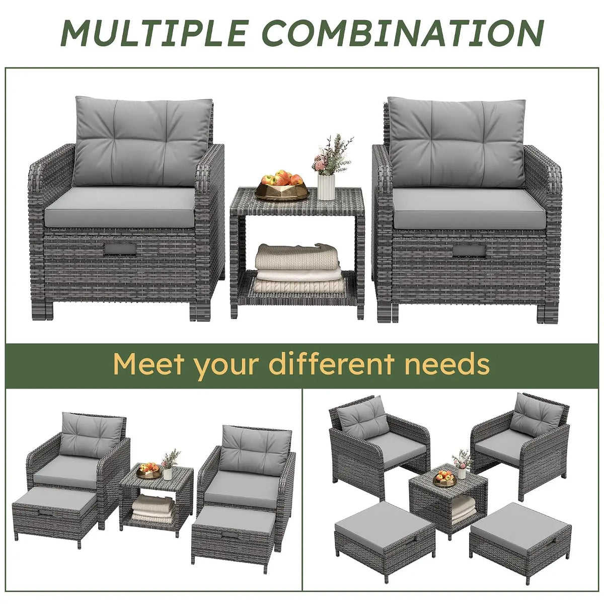 5 Piece Patio Furniture Set, PE Wicker Outdoor Furniture Set with Soft Cushions & Coffee Table, Outdoor Lounge Chairs, Custom