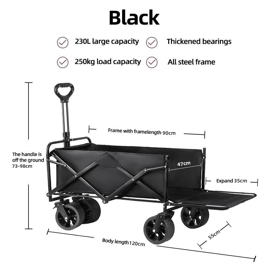Extra Long Extender Folding Cart Outdoor Utility Wagon Cart Large Capacity Camping Picnic Trolley Beach Collapse Folding Cart