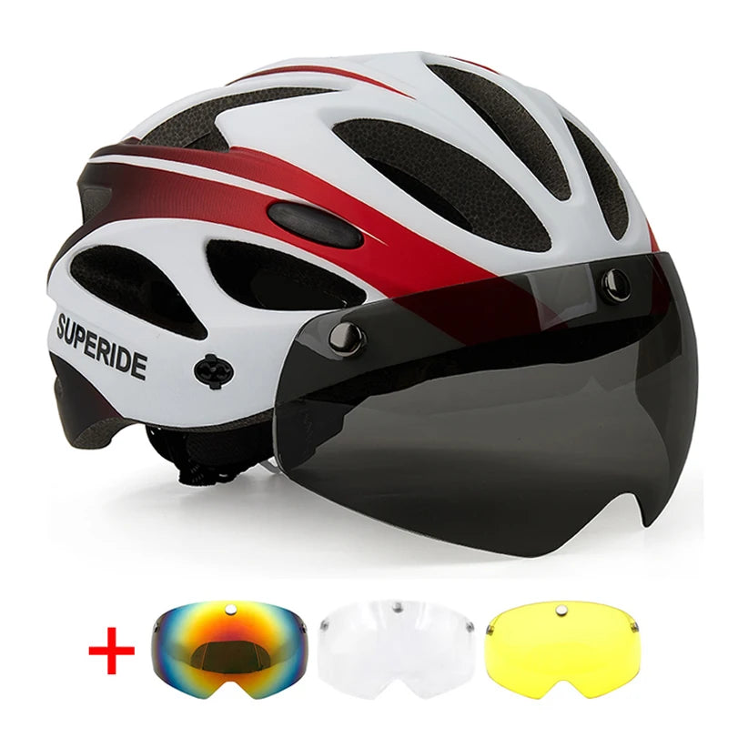 SUPERIDE Rechargeable Road Bike Helmet Men Women Cycling Helmet with Visor & Rearlight Sports MTB Bicycle Helmet with Goggles