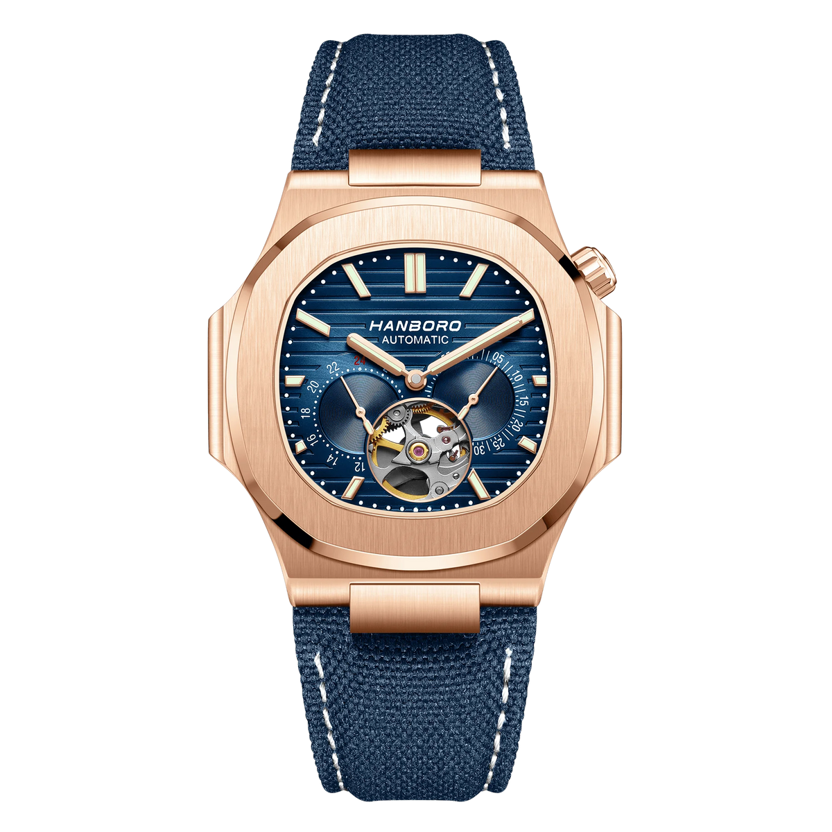 HANBORO Creative Crown Design Rose Gold Square Men's Brown Skull Mechanical Watch Canvas Strap Personalized Japanese Movement